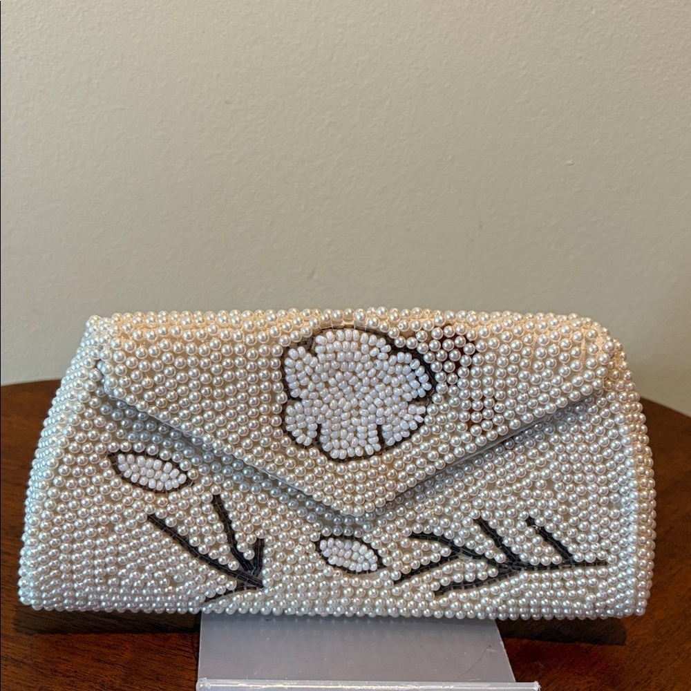 Japanese beaded bag  clutch  ivory white gray  envelope style flap made in Japan